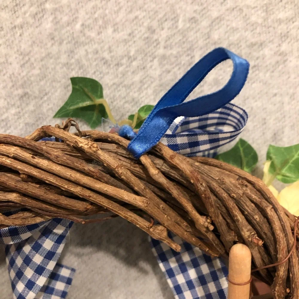 NWOT - Colorful Floral Garden Wreath with Gingham Bow